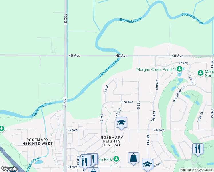 map of restaurants, bars, coffee shops, grocery stores, and more near 3837 154 Street in Surrey