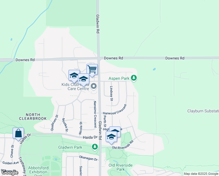 map of restaurants, bars, coffee shops, grocery stores, and more near 3847 Lindsay Street in Abbotsford