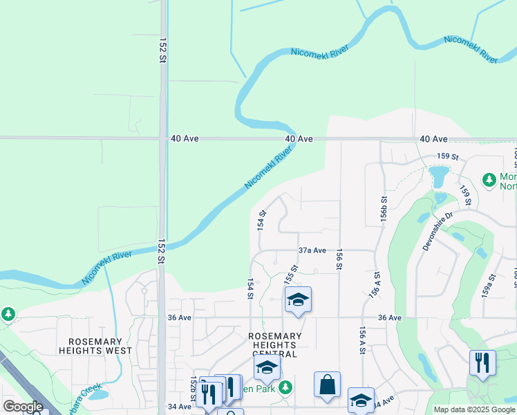 map of restaurants, bars, coffee shops, grocery stores, and more near 3837 154 Street in Surrey
