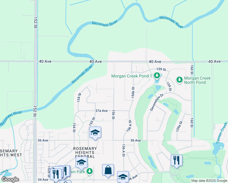 map of restaurants, bars, coffee shops, grocery stores, and more near 3840 156 Street in Surrey