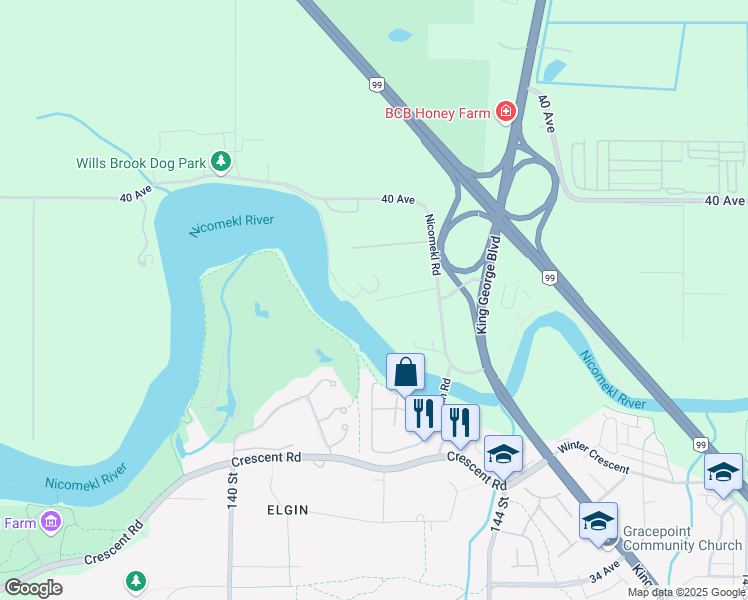 map of restaurants, bars, coffee shops, grocery stores, and more near 14185 Rio Place in Surrey