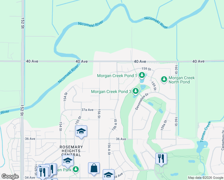 map of restaurants, bars, coffee shops, grocery stores, and more near 3852 156A Street in Surrey