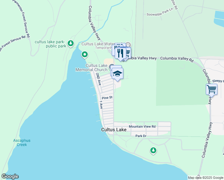 map of restaurants, bars, coffee shops, grocery stores, and more near 338 Balsam Street in Cultus Lake