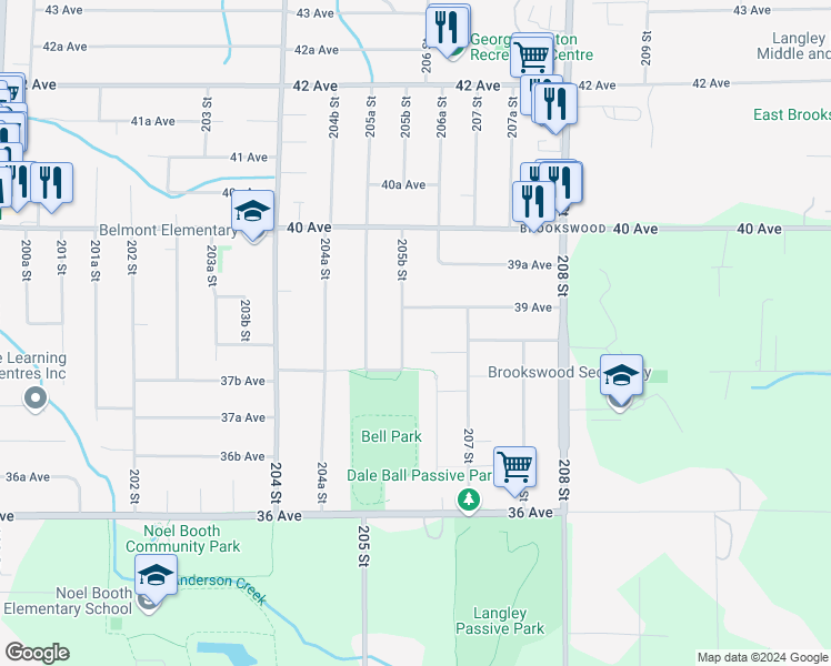 map of restaurants, bars, coffee shops, grocery stores, and more near 3858 205B Street in Langley