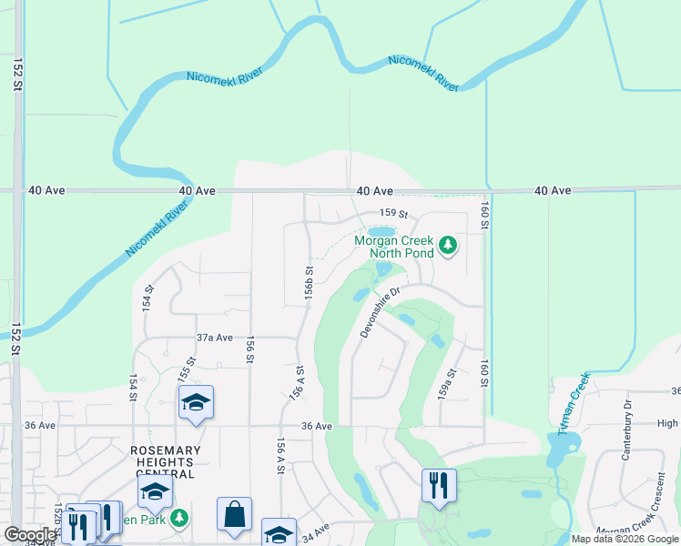map of restaurants, bars, coffee shops, grocery stores, and more near in Surrey