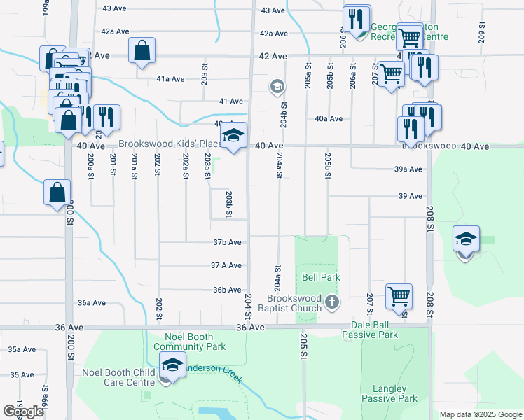 map of restaurants, bars, coffee shops, grocery stores, and more near 3862 204 Street in Langley