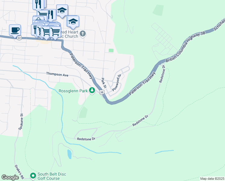 map of restaurants, bars, coffee shops, grocery stores, and more near 2605 Pinewood Drive in Rossland