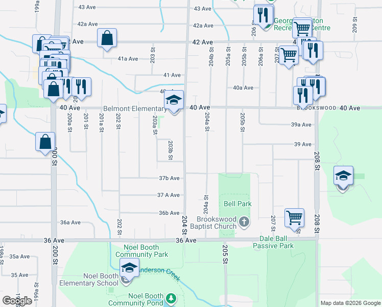 map of restaurants, bars, coffee shops, grocery stores, and more near 3858 204 Street in Langley