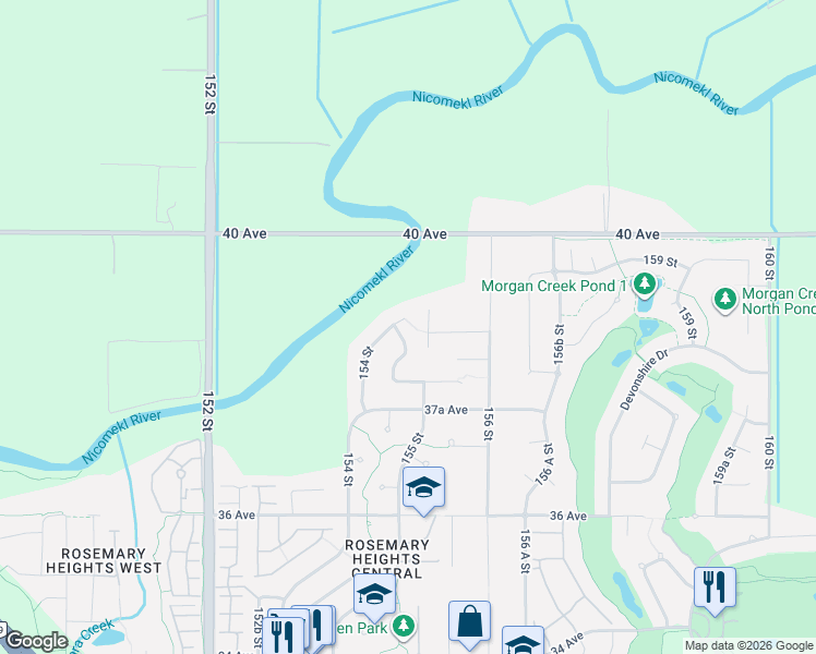 map of restaurants, bars, coffee shops, grocery stores, and more near 3876 154 Street in Surrey