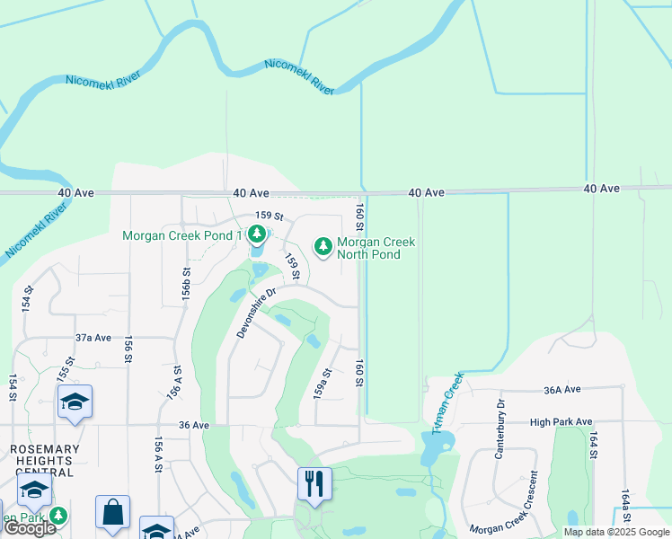 map of restaurants, bars, coffee shops, grocery stores, and more near 3863 159A Street in Surrey