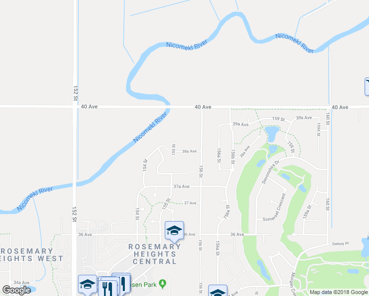 map of restaurants, bars, coffee shops, grocery stores, and more near 15555 38A Avenue in Surrey