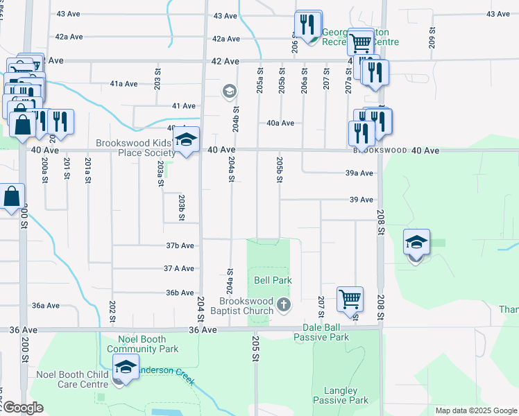 map of restaurants, bars, coffee shops, grocery stores, and more near 3858 205A Street in Langley
