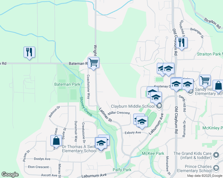 map of restaurants, bars, coffee shops, grocery stores, and more near 3902 Latimer Street in Abbotsford