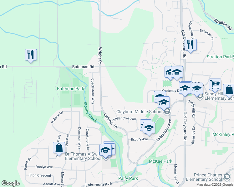 map of restaurants, bars, coffee shops, grocery stores, and more near 3902 Latimer Street in Abbotsford