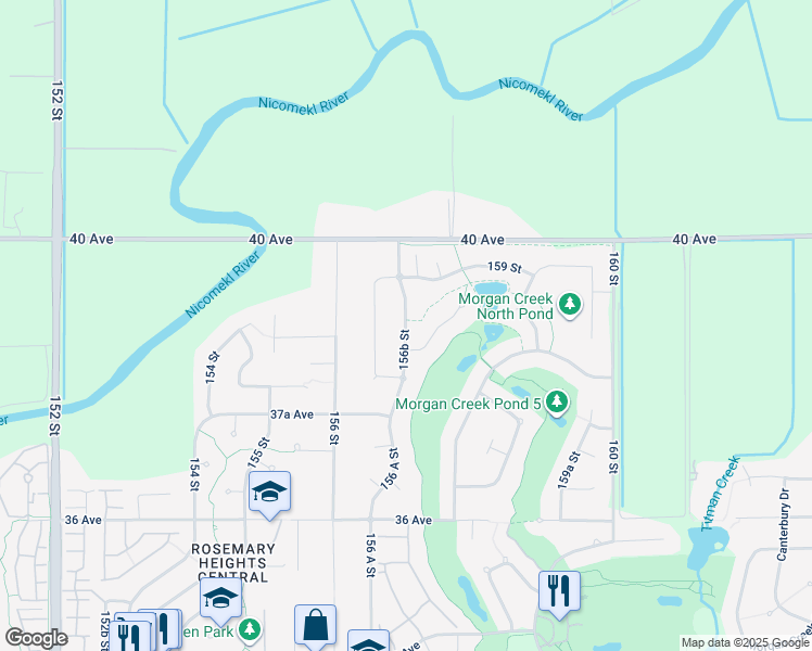 map of restaurants, bars, coffee shops, grocery stores, and more near 3918 156B Street in Surrey