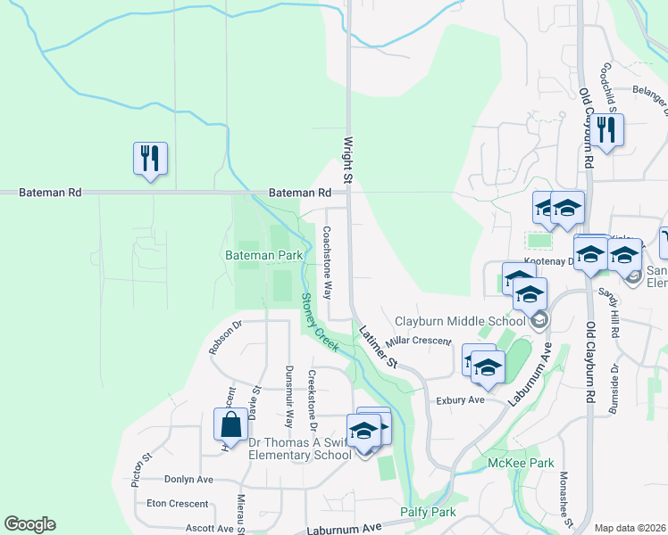 map of restaurants, bars, coffee shops, grocery stores, and more near 3874 Coachstone Way in Abbotsford
