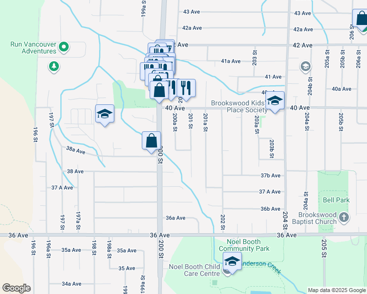 map of restaurants, bars, coffee shops, grocery stores, and more near 20073 38B Avenue in Langley