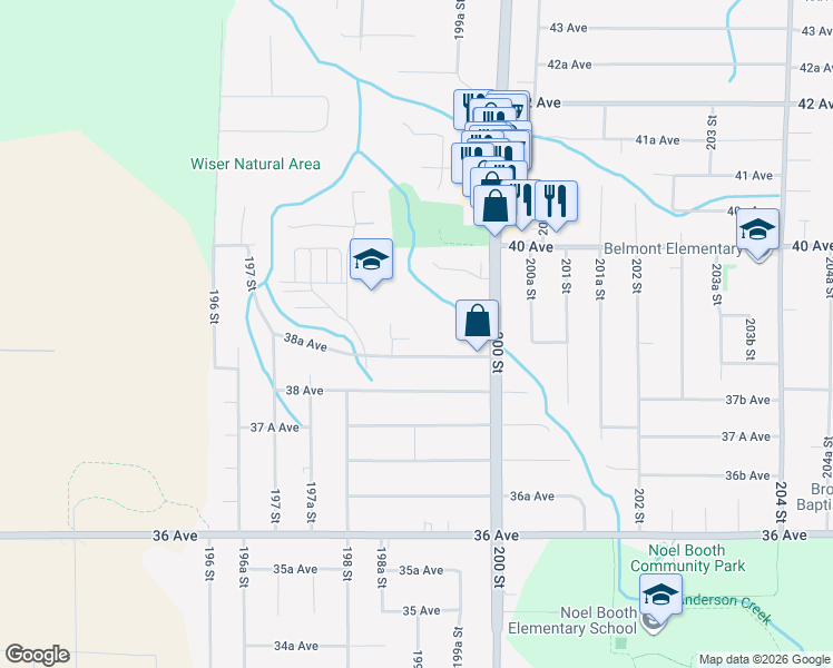 map of restaurants, bars, coffee shops, grocery stores, and more near 19895 38B Avenue in Langley