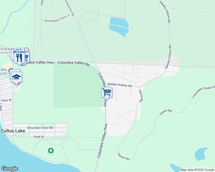 map of restaurants, bars, coffee shops, grocery stores, and more near 3900 Columbia Valley Highway in Cultus Lake