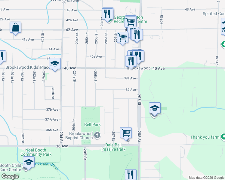 map of restaurants, bars, coffee shops, grocery stores, and more near 20694 39 Avenue in Langley