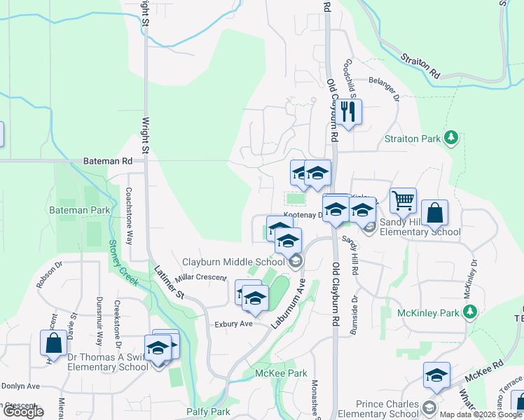 map of restaurants, bars, coffee shops, grocery stores, and more near 35055 Kootenay Drive in Abbotsford