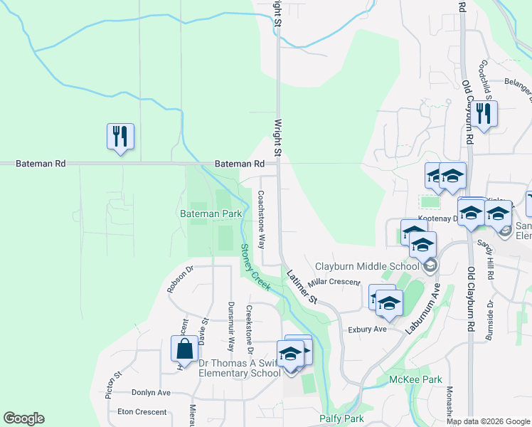 map of restaurants, bars, coffee shops, grocery stores, and more near 3898 Coachstone Way in Abbotsford