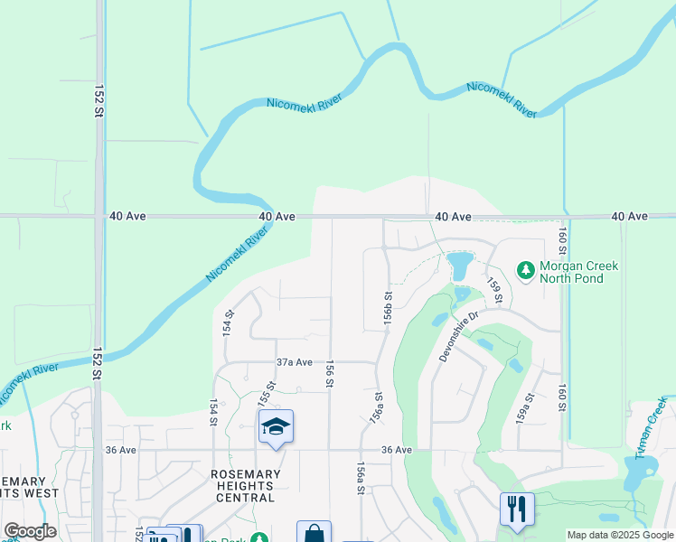 map of restaurants, bars, coffee shops, grocery stores, and more near 3886 156 Street in Surrey