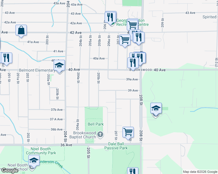 map of restaurants, bars, coffee shops, grocery stores, and more near 20651 39 Avenue in Langley