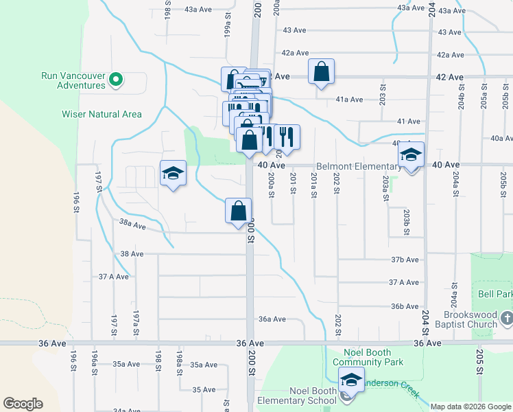 map of restaurants, bars, coffee shops, grocery stores, and more near 3906 200 Street in Langley