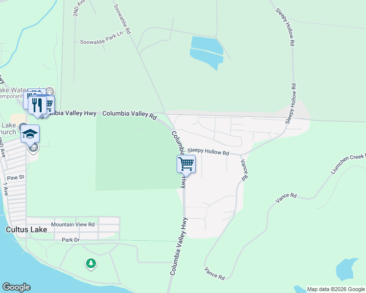 map of restaurants, bars, coffee shops, grocery stores, and more near 3900 Columbia Valley Highway in Cultus Lake