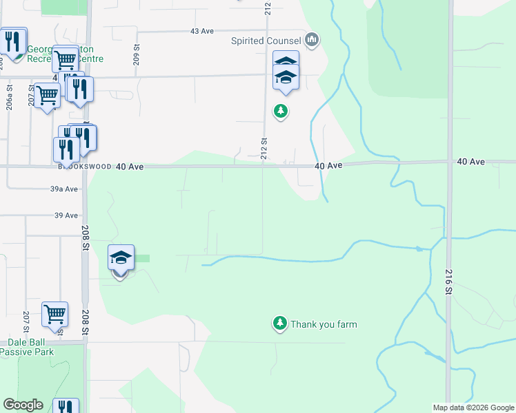 map of restaurants, bars, coffee shops, grocery stores, and more near 3907 212 Street in Langley
