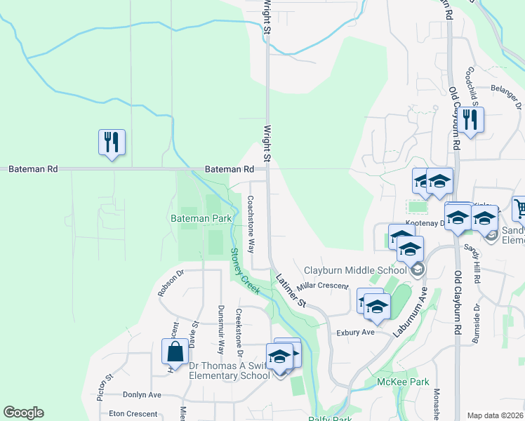 map of restaurants, bars, coffee shops, grocery stores, and more near 3905 Latimer Street in Abbotsford