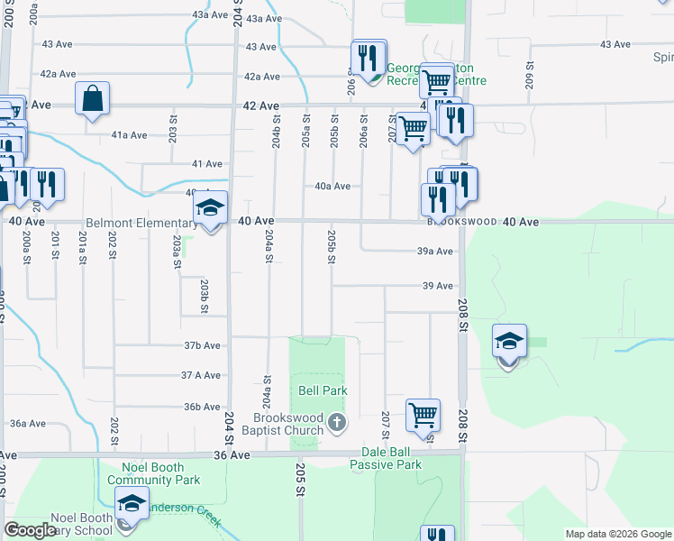 map of restaurants, bars, coffee shops, grocery stores, and more near 3924 205B Street in Langley