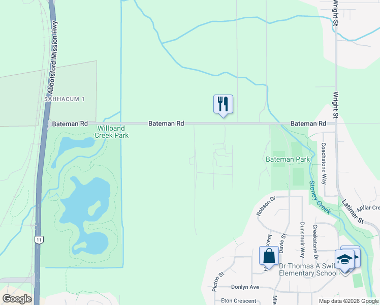 map of restaurants, bars, coffee shops, grocery stores, and more near 34350 Bateman Road in Abbotsford