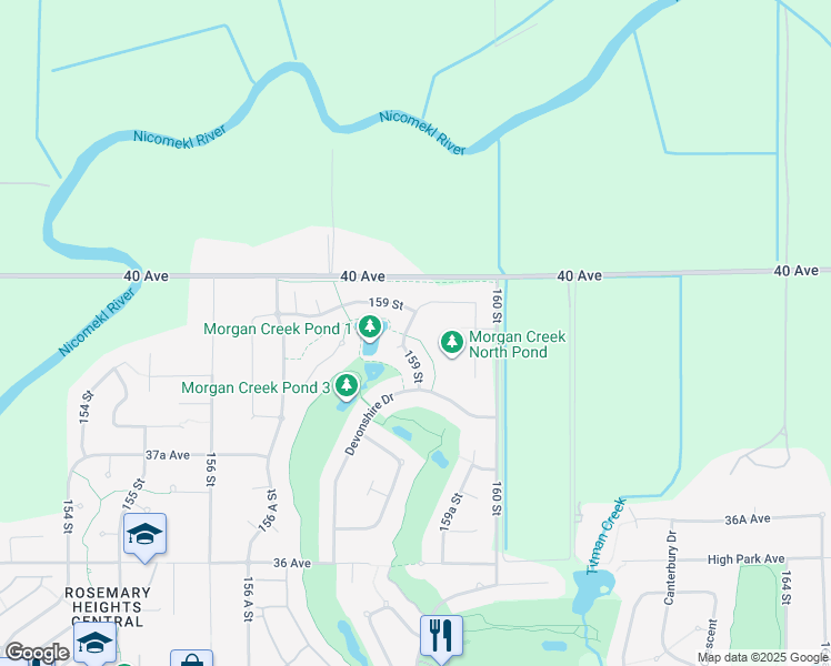 map of restaurants, bars, coffee shops, grocery stores, and more near 3928 159 Street in Surrey