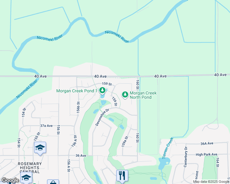 map of restaurants, bars, coffee shops, grocery stores, and more near 3928 159 Street in Surrey