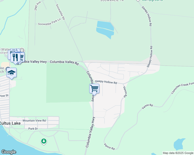 map of restaurants, bars, coffee shops, grocery stores, and more near 45621 Sleepy Hollow Road in Cultus Lake