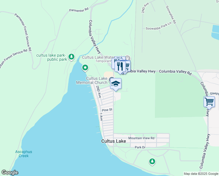 map of restaurants, bars, coffee shops, grocery stores, and more near 275 Fir Street in Cultus Lake