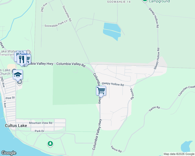 map of restaurants, bars, coffee shops, grocery stores, and more near 3958 Leavens Road in Cultus Lake