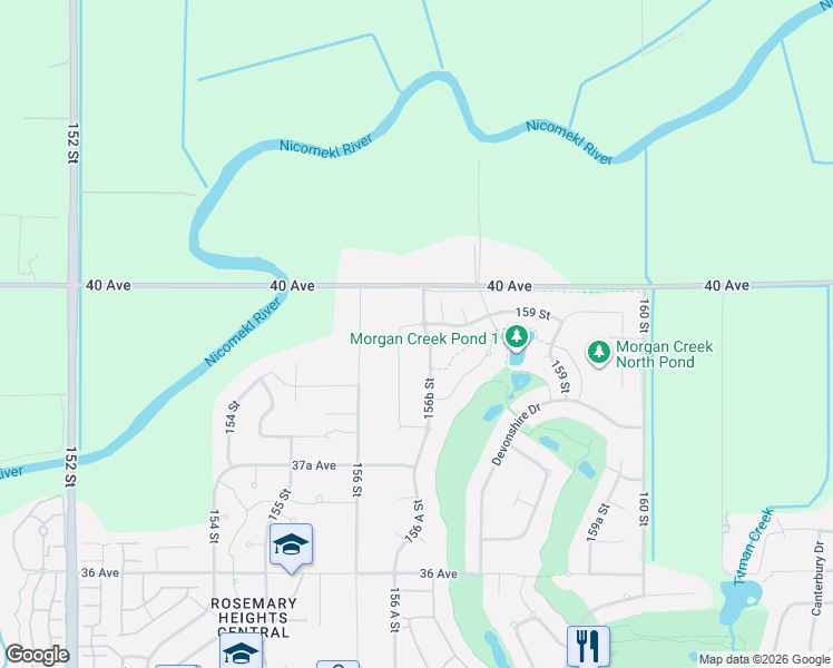 map of restaurants, bars, coffee shops, grocery stores, and more near 3933 156B Street in Surrey