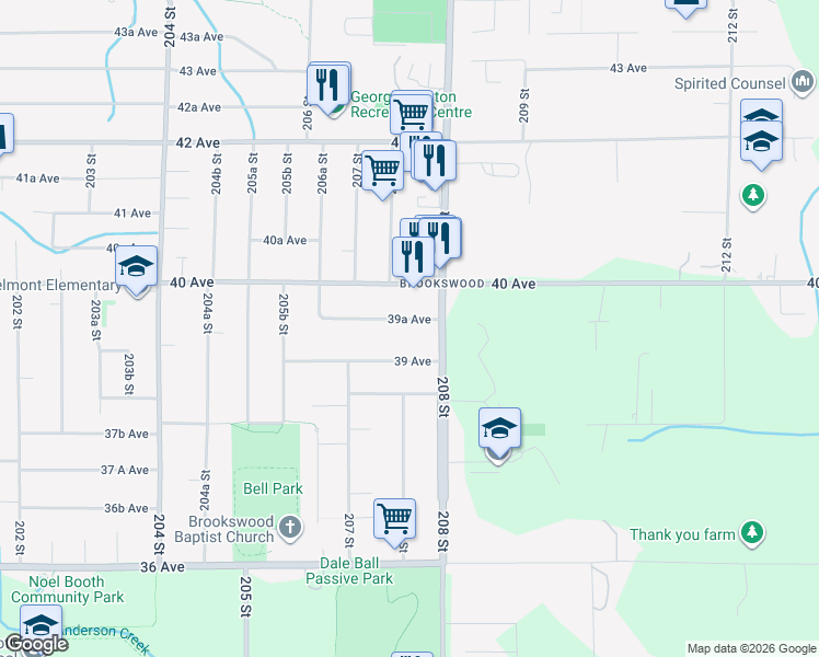 map of restaurants, bars, coffee shops, grocery stores, and more near 20754 39A Avenue in Langley