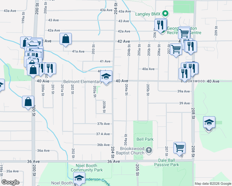 map of restaurants, bars, coffee shops, grocery stores, and more near 3940 204 Street in Langley City