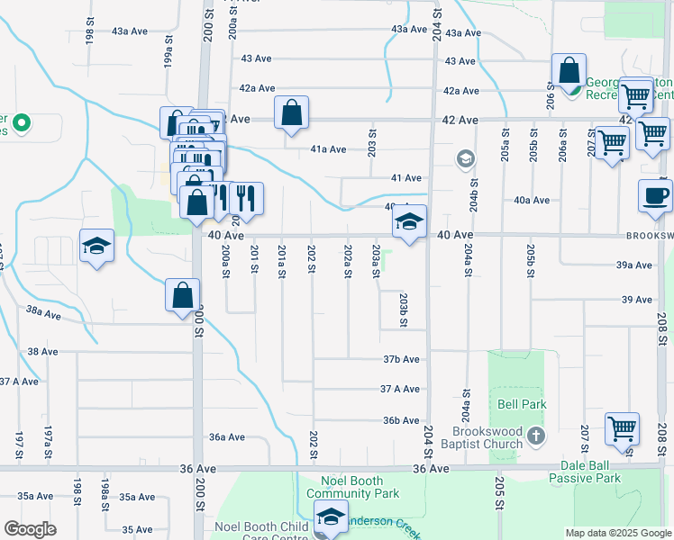 map of restaurants, bars, coffee shops, grocery stores, and more near 3943 202A Street in Langley