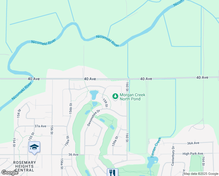 map of restaurants, bars, coffee shops, grocery stores, and more near 15920 39A Avenue in Surrey