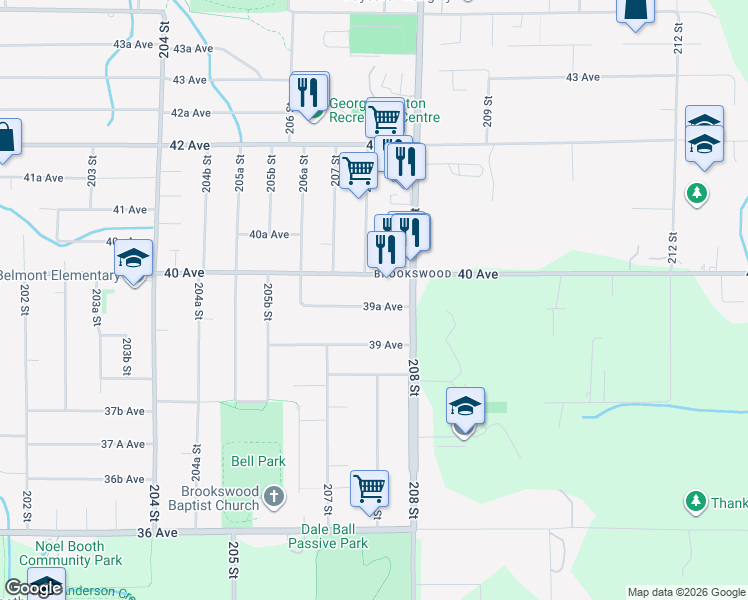map of restaurants, bars, coffee shops, grocery stores, and more near 20747 39A Avenue in Langley