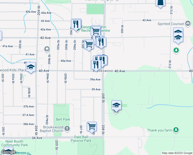 map of restaurants, bars, coffee shops, grocery stores, and more near 20763 39A Avenue in Langley City