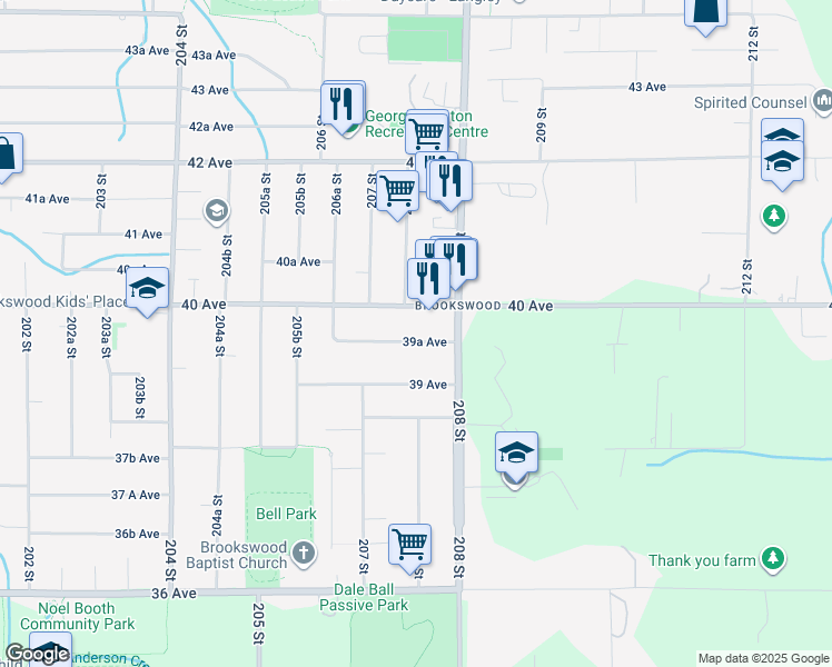 map of restaurants, bars, coffee shops, grocery stores, and more near 20747 39A Avenue in Langley