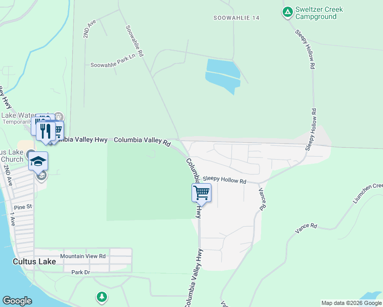 map of restaurants, bars, coffee shops, grocery stores, and more near 3942 Columbia Valley Road in Cultus Lake