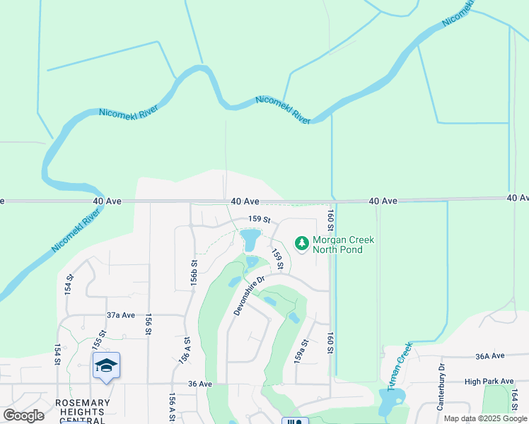 map of restaurants, bars, coffee shops, grocery stores, and more near 15857 39A Avenue in Surrey