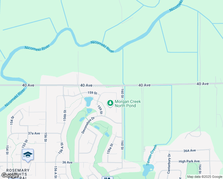 map of restaurants, bars, coffee shops, grocery stores, and more near 15957 39A Avenue in Surrey